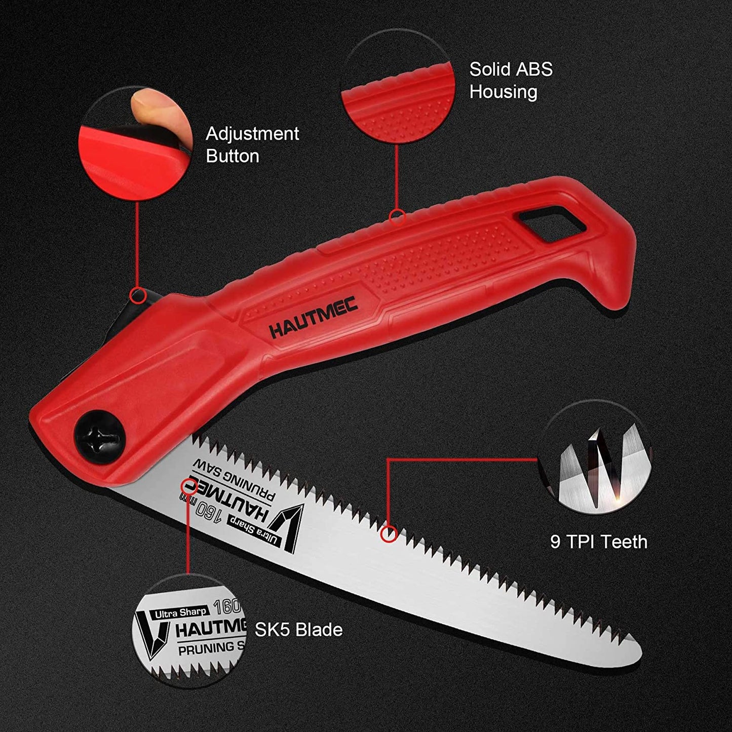 HAUTMEC 6 inch Folding Saw, Heavy Duty Single-Hand Ergonomic Hand Saw, Curved Razor Tooth Sharp Blade for Wood, Camping, Tree Trimming, Dry Wood, Pruning HT0134-PS